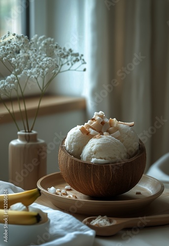 Delicious Coconut Ice Cream Served in a Wooden Bowl With Tropical Fruit on a ...