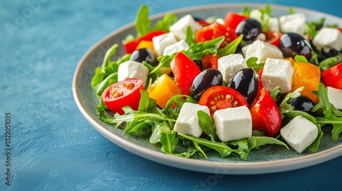 Fresh Salad With Tomatoes, Olives, and Feta Cheese Served on a Plate