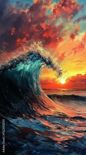 Vibrant Sunset Over Crashing Waves at the Ocean Horizon During a Dramatic Evening Sky