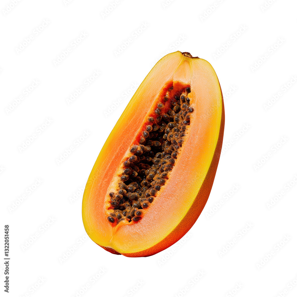 Fresh papaya half displaying vibrant orange flesh and black seeds on coral background, papaya Isolated Fresh papaya half displaying vibrant orange flesh and black seeds on coral background, papaya Isolated