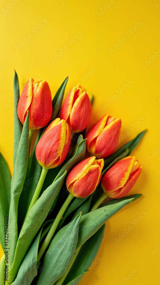 Vibrant Orange Tulips on Yellow Background for Easter and Spring Celebrations - Perfect for Greeting Cards and Marketing Materials Vibrant Orange Tulips on Yellow Background for Easter and Spring Celebrations - Perfect for Greeting Cards and Marketing Materials