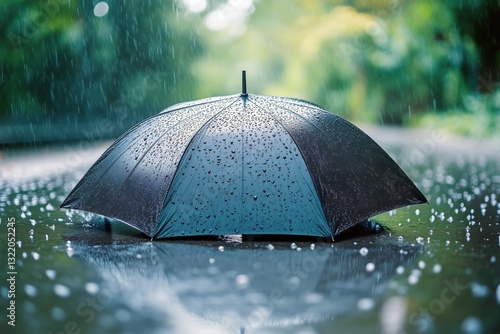 Umbrella Standing Alone in Rain on a Wet Pathway Surrounded by Greenery