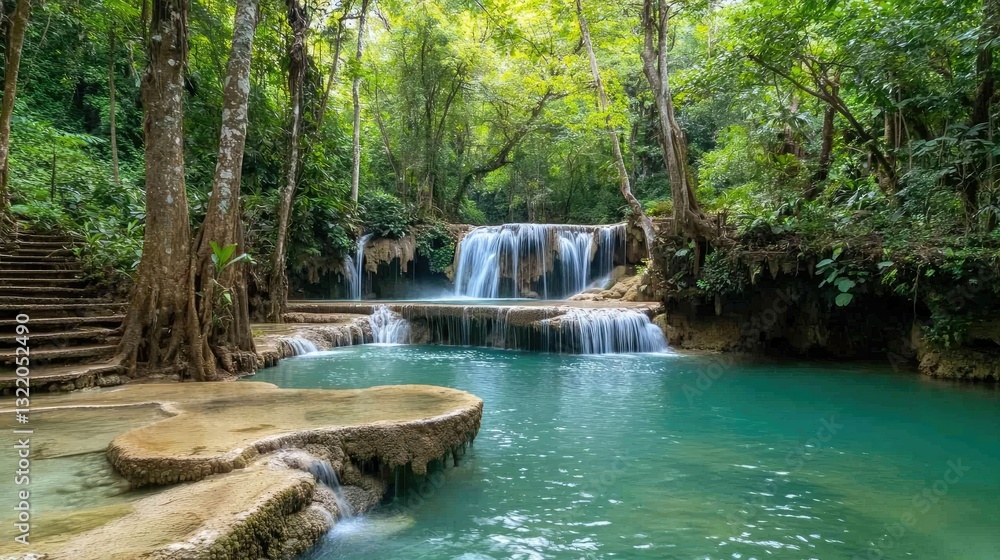 Naklejka premium The stunning multi-tiered waterfalls of Huay Mae Kamin, flowing through a tropical paradise.