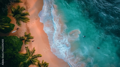 Vibrant Beach View With Turquoise Waters and Palm Trees During a Sunny Day in...