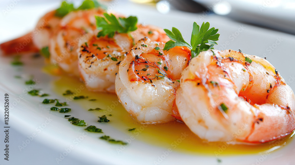 Crevettes grillées avec persil et huile d'olive servies sur assiette blanche. Crevettes grillées avec persil et huile d'olive servies sur assiette blanche.