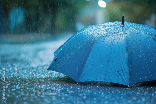 Umbrella Standing Alone in Rain on a Wet Pathway Surrounded by Greenery