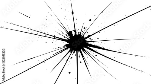 Black ink splatter with radial lines creating a dramatic effect on a white background