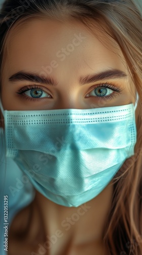Young Woman With Blue Eyes Wearing a Face Mask Poses for a Selfie Indoors