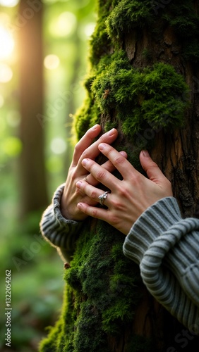 A close up of two hands touching a tree trunk covered in green moss.