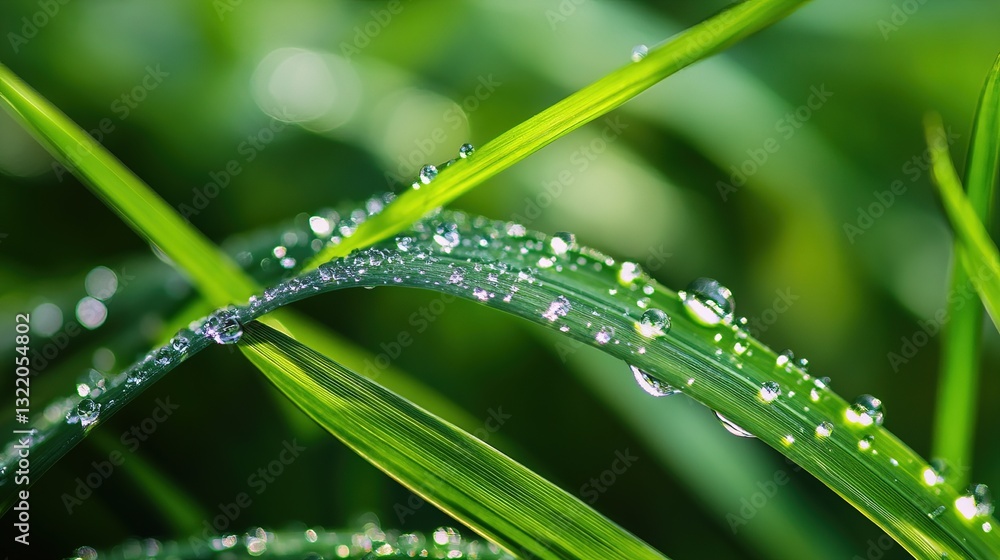 Naklejka premium Close-up of vibrant green grass blades with morning dew glistening in soft sunlight, capturing purity, renewal, and the quiet poetry of nature.