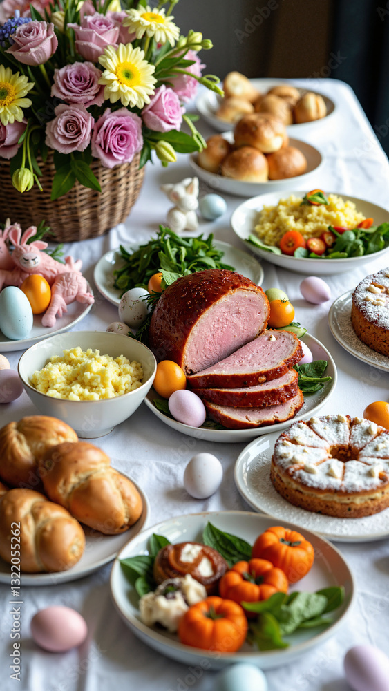 Elegant Easter Brunch Table Setting with Delicious Dishes and Spring Flowers for Marketing Holiday Gatherings Elegant Easter Brunch Table Setting with Delicious Dishes and Spring Flowers for Marketing Holiday Gatherings