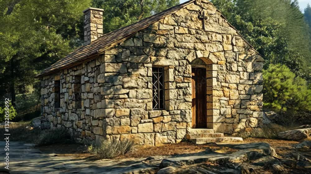 Rustic stone cabin surrounded by trees in a tranquil natural setting during the afternoon Rustic stone cabin surrounded by trees in a tranquil natural setting during the afternoon