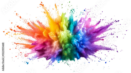 Colorful holi powder on white background. Colorful vibrant rainbow holi paint color powder explosion with bright colors isolated white background.	