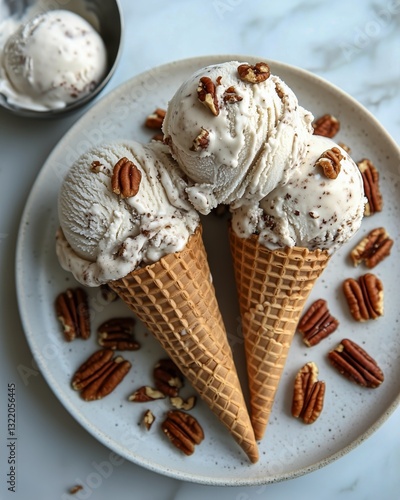 Delicious Homemade Ice Cream Served in a Cone and Bowl With Pecans on a Plate