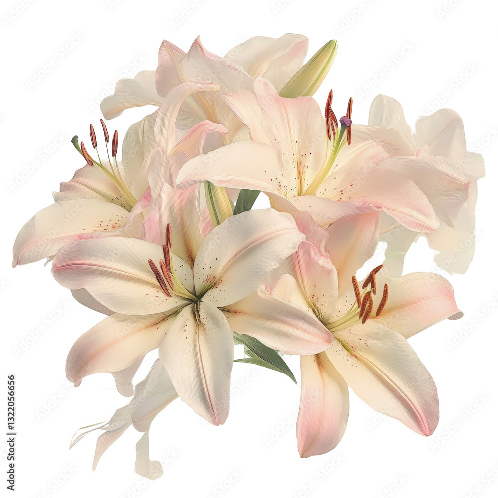 Fototapeta premium Elegant Lily Bouquet: A delicate bouquet of white and pink lilies, their velvety petals and intricate stamens, captures the essence of floral beauty in full bloom.