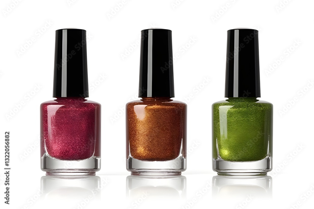 Three Nail Polish Bottles in Red, Copper, and Green Colors Three Nail Polish Bottles in Red, Copper, and Green Colors