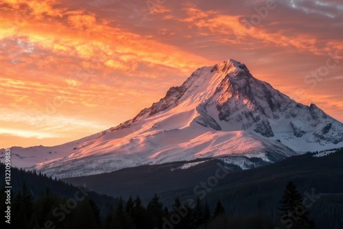 Sunrise Illuminates Mountain Peak With Vibrant Colors and Snow-Capped Slopes Generative AI