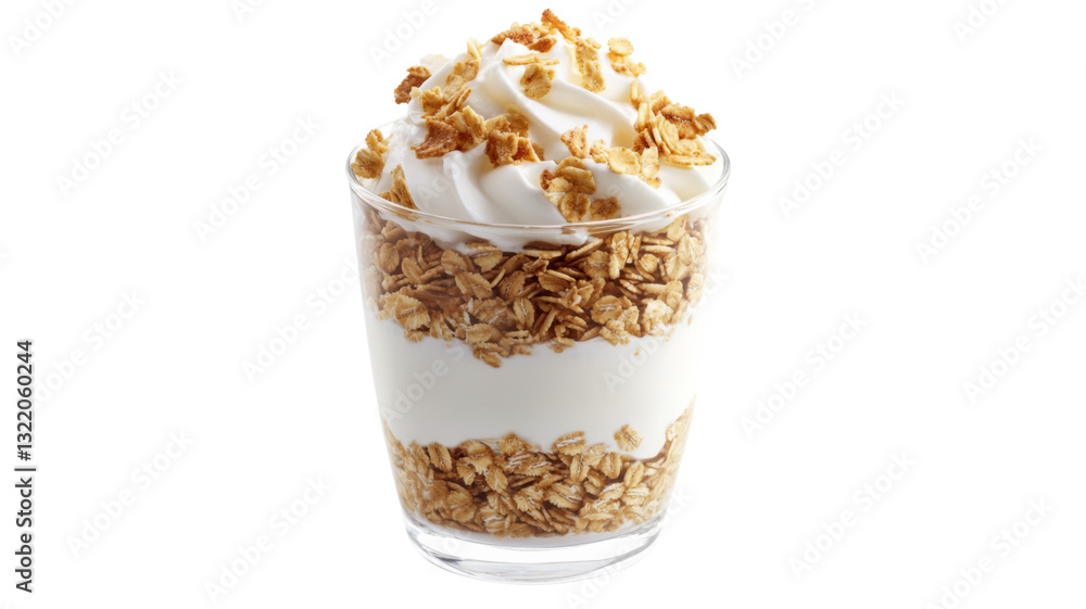Yogurt parfait with granola and whipped cream on transparent background Yogurt parfait with granola and whipped cream on transparent background