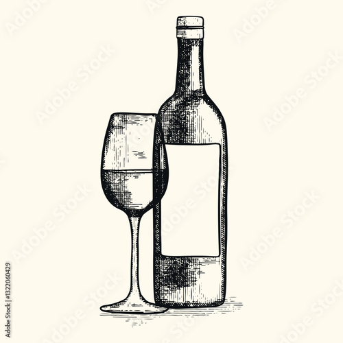 Hand-drawn wine bottle and glass engraving. Engraved drink bottles in a vintage style. Detailed line art drink collection. Black and white food illustration.
