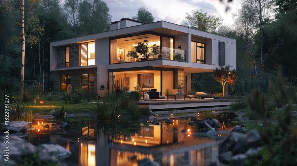 Fototapeta premium Modern House Design Surrounded by Nature at Dusk with Reflection