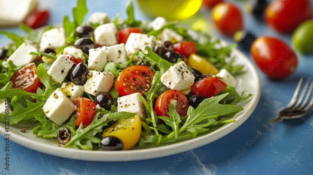 Fresh Salad With Colorful Tomatoes, Olives, and Feta Cheese Served in a Bowl Fresh Salad With Colorful Tomatoes, Olives, and Feta Cheese Served in a Bowl