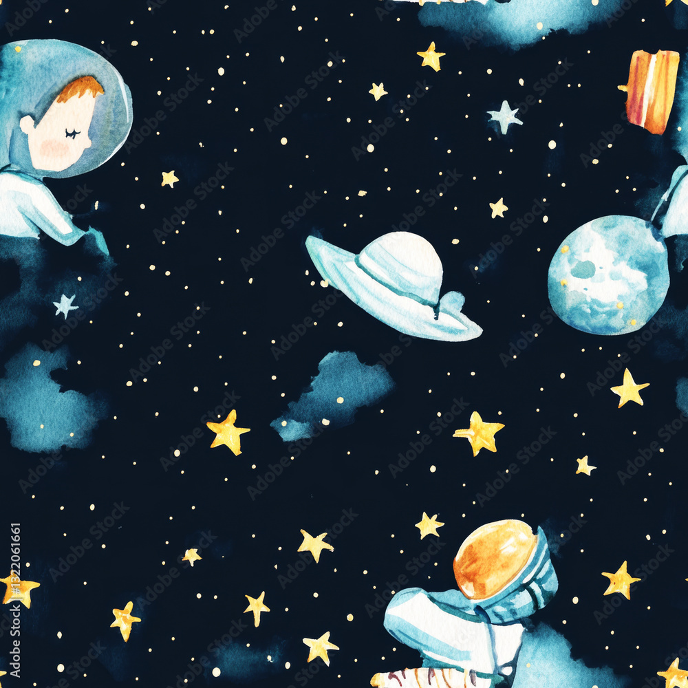 A seamless pattern featuring a kid hand-drawn watercolor space theme, with planets, stars, rockets, and comets, in a cute and funny mood A seamless pattern featuring a kid hand-drawn watercolor space theme, with planets, stars, rockets, and comets, in a cute and funny mood