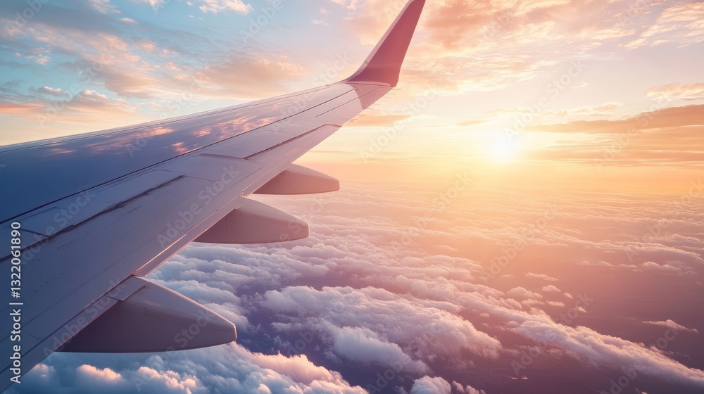 Obraz premium Serene Sunset View from Airplane Wing Above Fluffy Clouds