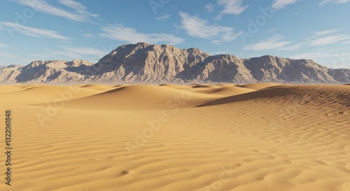 Dramatic Desert Landscape with Rolling Sand Dunes and Distant Mountains