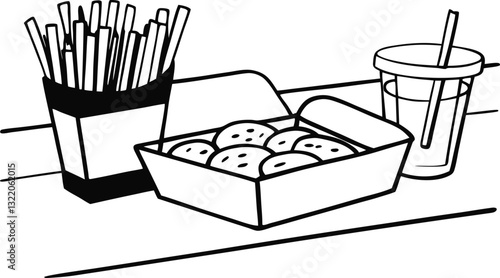 Monochrome Illustration of Fast Food Meal with Nuggets and Fries