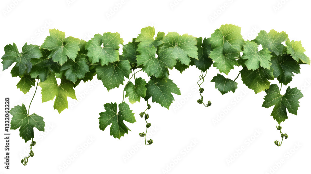 Fototapeta premium Hanging grape leaves with transparent background creating natural border