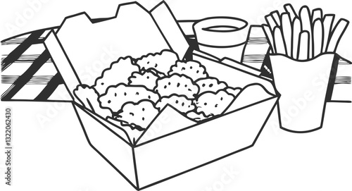 Monochrome Illustration of Fast Food Meal with Nuggets and Fries