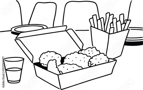 Monochrome Illustration of Fast Food Meal with Nuggets and Fries