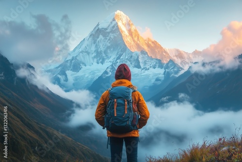 Hiker Enjoys Breathtaking Mountain Views in the Early Morning Light