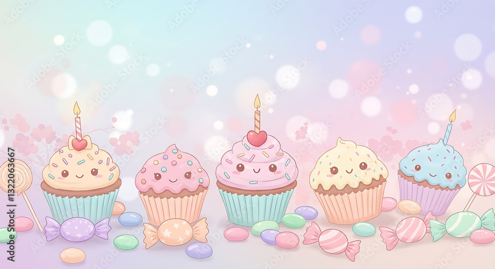 A kawaii-style birthday background with cute smiling cupcakes, candies, and soft pastel colors. A kawaii-style birthday background with cute smiling cupcakes, candies, and soft pastel colors.