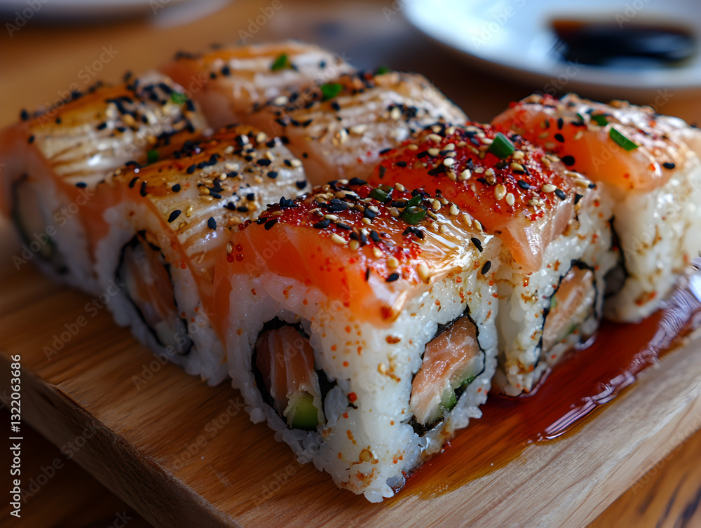 A delicate Japanese sushi platter with fresh tuna, salmon, and eel. A delicate Japanese sushi platter with fresh tuna, salmon, and eel.