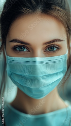 Young Woman With Blue Eyes Wearing a Face Mask Poses for a Selfie Indoors