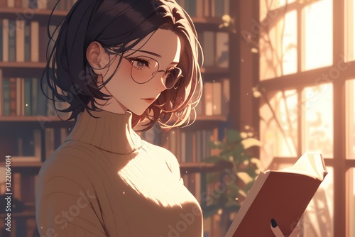 A woman with glasses reads a book in a library