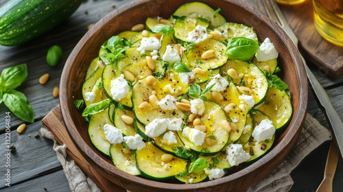 Fresh Zucchini Salad With Pine Nuts and Feta Cheese Served in a Wooden Bowl