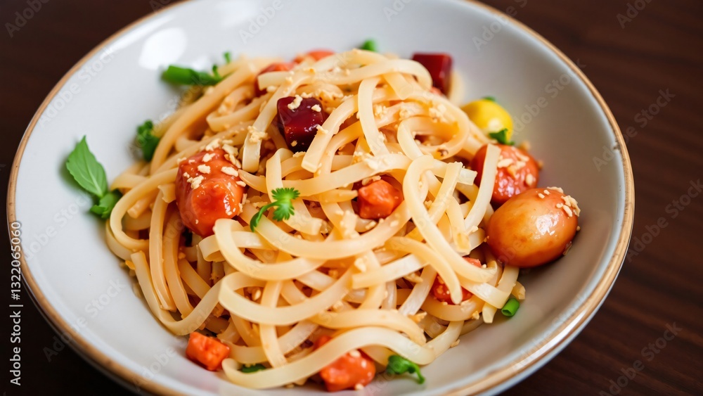 Delicious Asian-Style Noodles with Vegetables and Sesame Seeds in a Bowl Delicious Asian-Style Noodles with Vegetables and Sesame Seeds in a Bowl