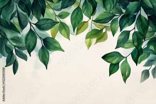 Detailed Botanical Illustration Showcasing Lush Green Leaves on a White Backg...