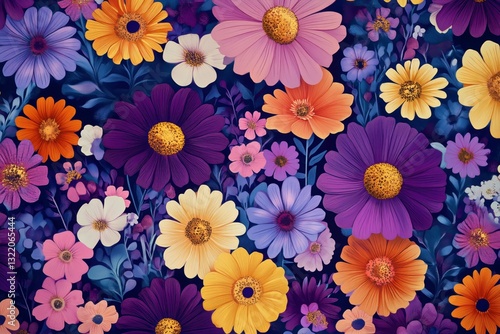 Vibrant Floral Pattern Featuring Diverse Flowers in an Array of Colors on a D...