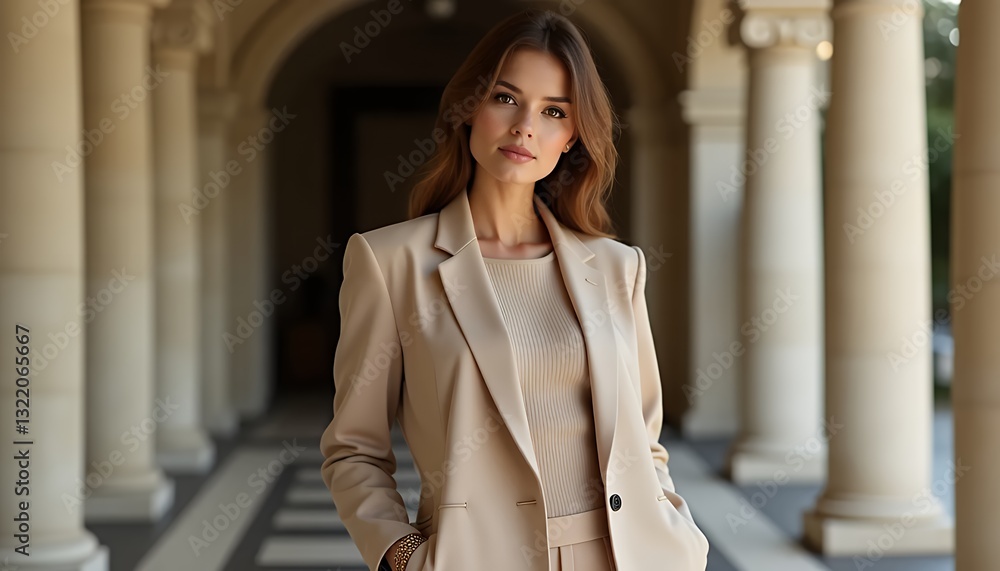 Fototapeta premium Woman in beige suit stands confidently in classical setting
