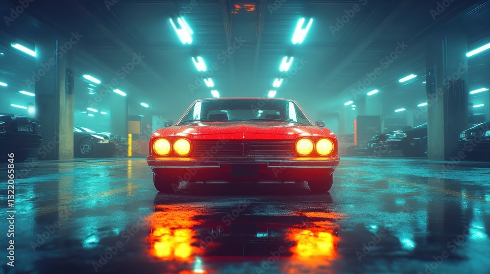 Fototapeta premium Red car front view with its headlights on inside a parking garage