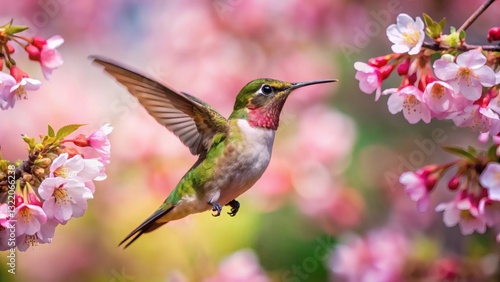 Hummingbird in Flight Amongst Cherry Blossoms