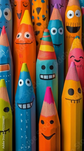 Colorful Pencils With Happy Faces Arranged in an Artistic Display for Childre...