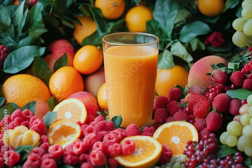 Fresh Fruit Selection With Juice on Marble Counter in Bright Natural Light