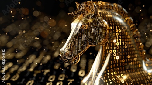 Golden Chess Knight with Binary Code Background for Technology Themes