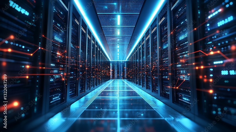 Obraz premium Futuristic Data Center: Server Room Racks with Neon Lights for Cloud Computing and Cybersecurity Infrastructure.