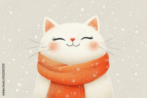 A cute, minimalistic illustration of a shivering white cat wearing an orange scarf against a snowy background