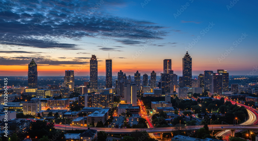 Obraz premium Atlanta Skyline at Dusk: City Lights & Golden Hour Glow - Captivating Urban Nightscape, Georgia Travel Destination